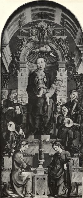 Anonimo — Tura Cosmè - sec. XV - Madonna con Bambino in trono e angeli musicanti — insieme